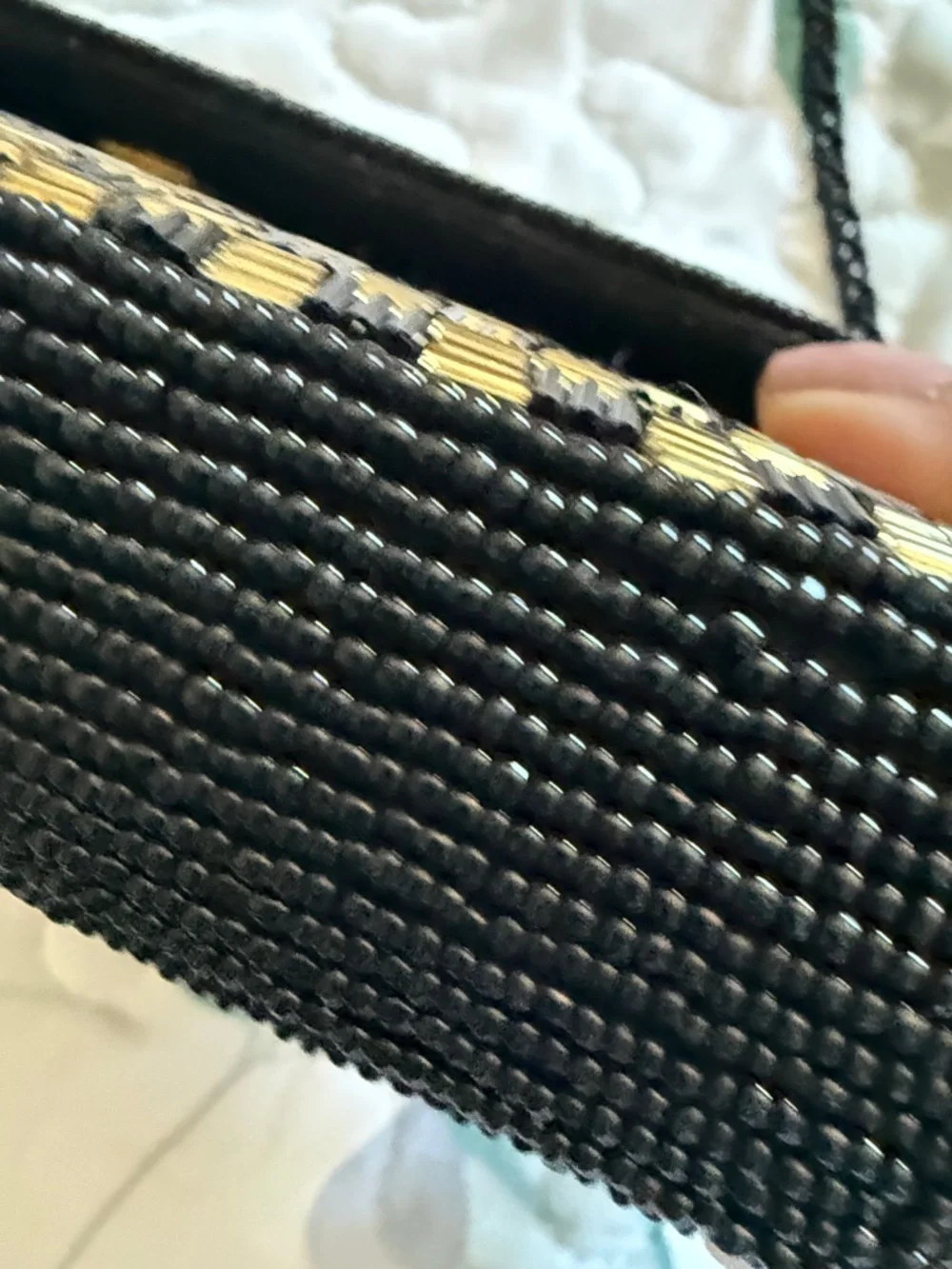 Vintage Beaded Checkerboard Clutch Crossbody Bag Gold Black Art Deco